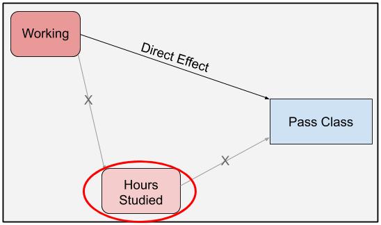 DAG highlighting the direct effect of working on passing a class.